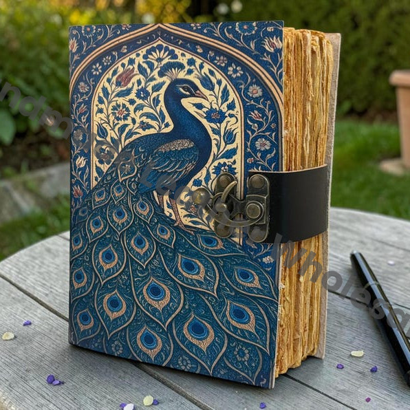HLW Handmade Peacock Leather Journal Vintage Floral Notebook Deckle Edge Paper Celestial Diary Writing Book Personalized Gift Idea