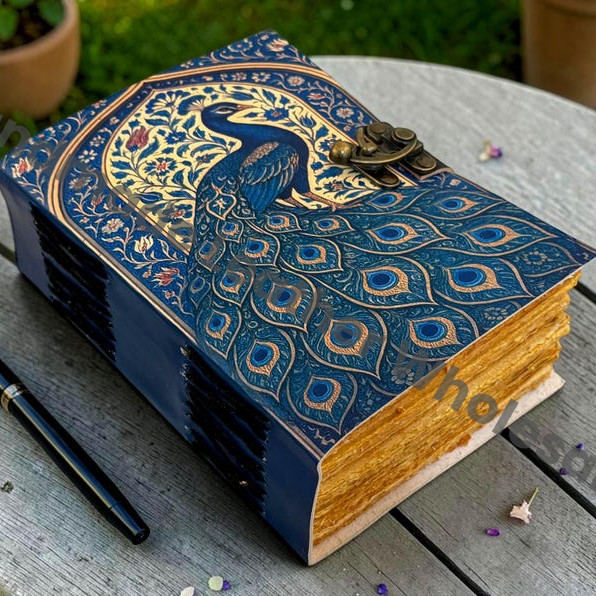 HLW Handmade Peacock Leather Journal Vintage Floral Notebook Deckle Edge Paper Celestial Diary Writing Book Personalized Gift Idea