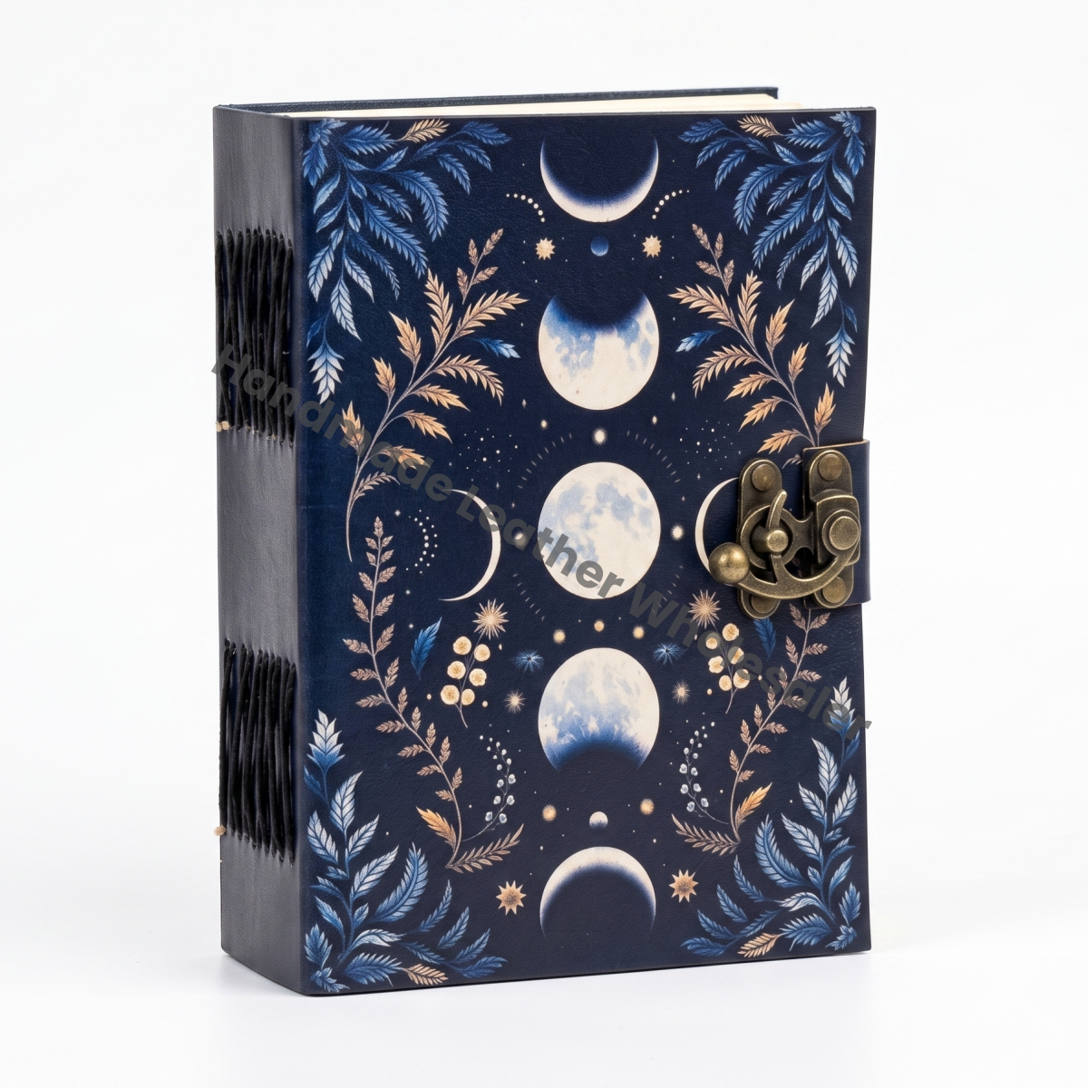 HLW Moon Phase Leather Journal, Celestial Grimoire, Handmade Deckle Edge Paper, Vintage Notebook, Spell Book