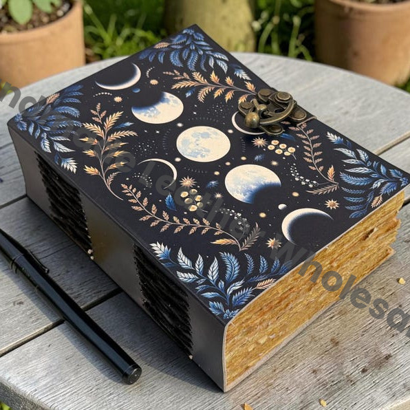 HLW Moon Phase Leather Journal, Celestial Grimoire, Handmade Deckle Edge Paper, Vintage Notebook, Spell Book
