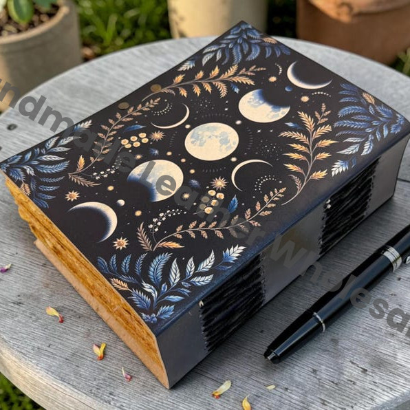 HLW Moon Phase Leather Journal, Celestial Grimoire, Handmade Deckle Edge Paper, Vintage Notebook, Spell Book