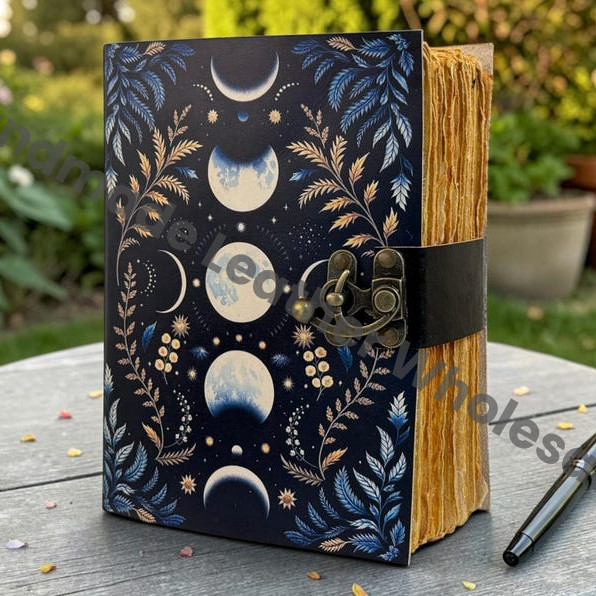 HLW Moon Phase Leather Journal, Celestial Grimoire, Handmade Deckle Edge Paper, Vintage Notebook, Spell Book