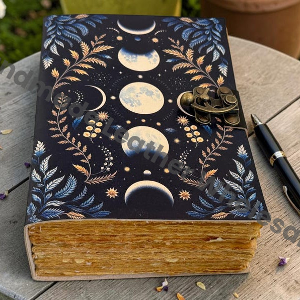 HLW Moon Phase Leather Journal, Celestial Grimoire, Handmade Deckle Edge Paper, Vintage Notebook, Spell Book