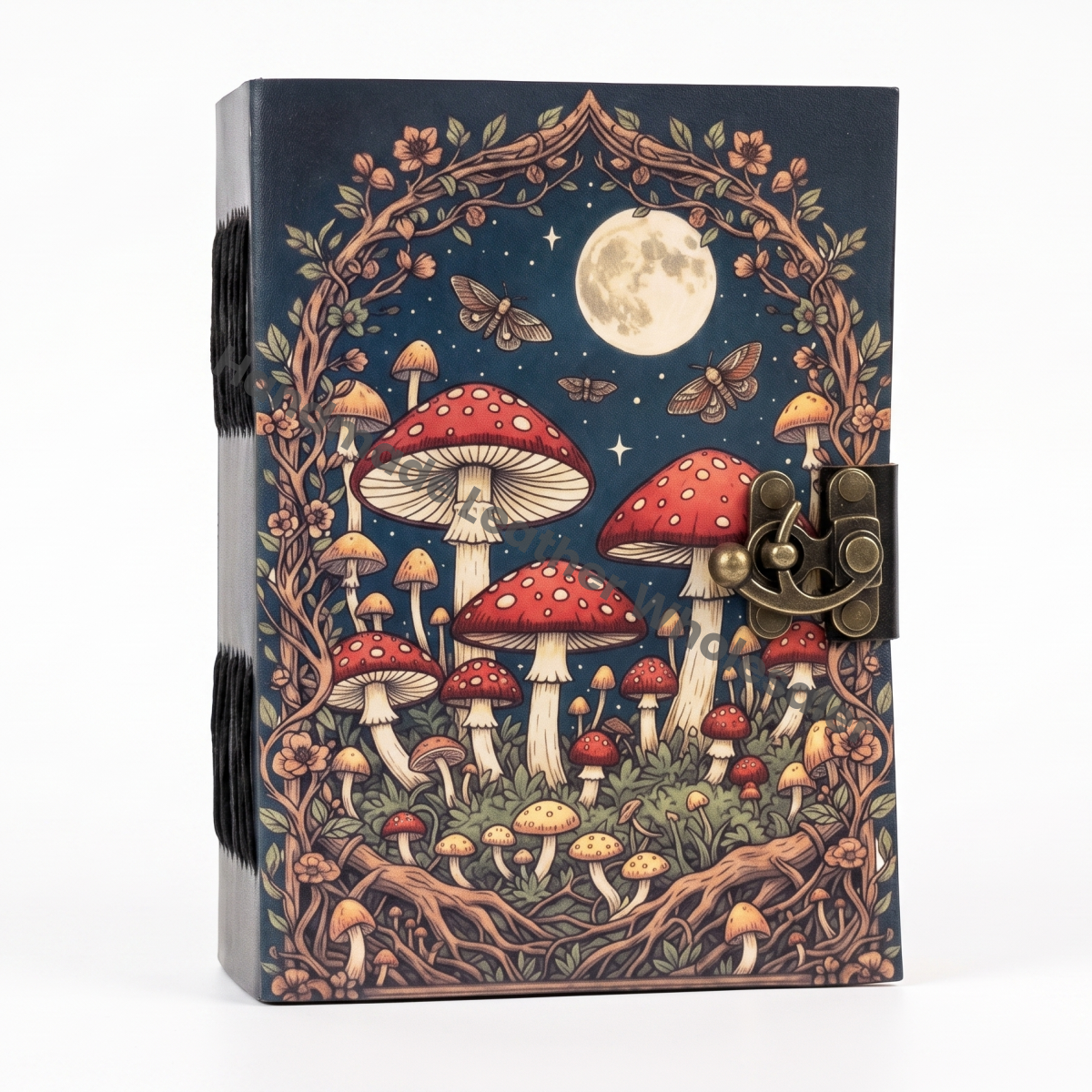 HLW Mushroom Leather Journal Moon Phase Forest Grimoire Witchy Spell Book Handmade Deckle Edge Paper Vintage Notebook Pagan Wiccan Gift for Her