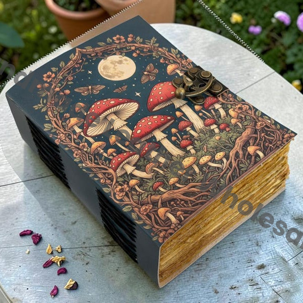 HLW Mushroom Leather Journal Moon Phase Forest Grimoire Witchy Spell Book Handmade Deckle Edge Paper Vintage Notebook Pagan Wiccan Gift for Her