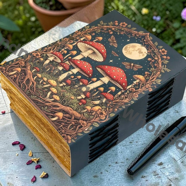 HLW Mushroom Leather Journal Moon Phase Forest Grimoire Witchy Spell Book Handmade Deckle Edge Paper Vintage Notebook Pagan Wiccan Gift for Her