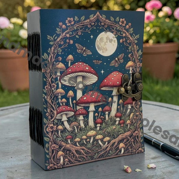 HLW Mushroom Leather Journal Moon Phase Forest Grimoire Witchy Spell Book Handmade Deckle Edge Paper Vintage Notebook Pagan Wiccan Gift for Her