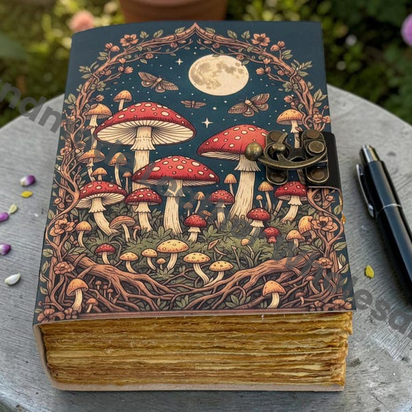 HLW Mushroom Leather Journal Moon Phase Forest Grimoire Witchy Spell Book Handmade Deckle Edge Paper Vintage Notebook Pagan Wiccan Gift for Her