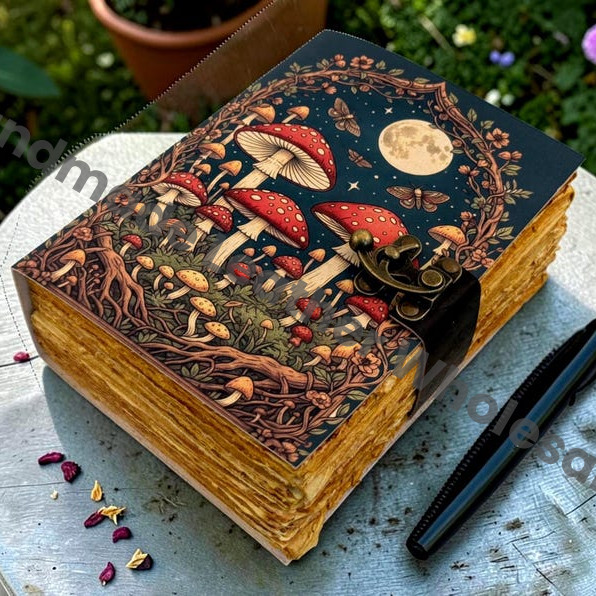 HLW Mushroom Leather Journal Moon Phase Forest Grimoire Witchy Spell Book Handmade Deckle Edge Paper Vintage Notebook Pagan Wiccan Gift for Her