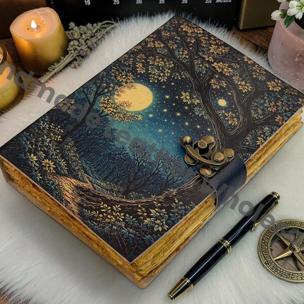 HLW Night Sky Notebook, Moonlit Woodland Diary, Rustic Leather Writing Book, Artisan Journal
