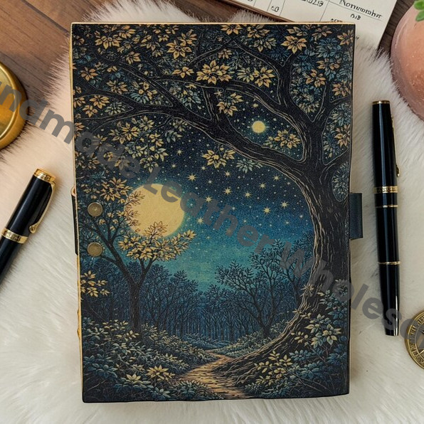 HLW Night Sky Notebook, Moonlit Woodland Diary, Rustic Leather Writing Book, Artisan Journal