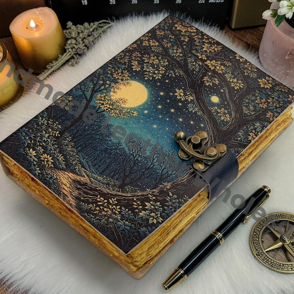 HLW Night Sky Notebook, Moonlit Woodland Diary, Rustic Leather Writing Book, Artisan Journal