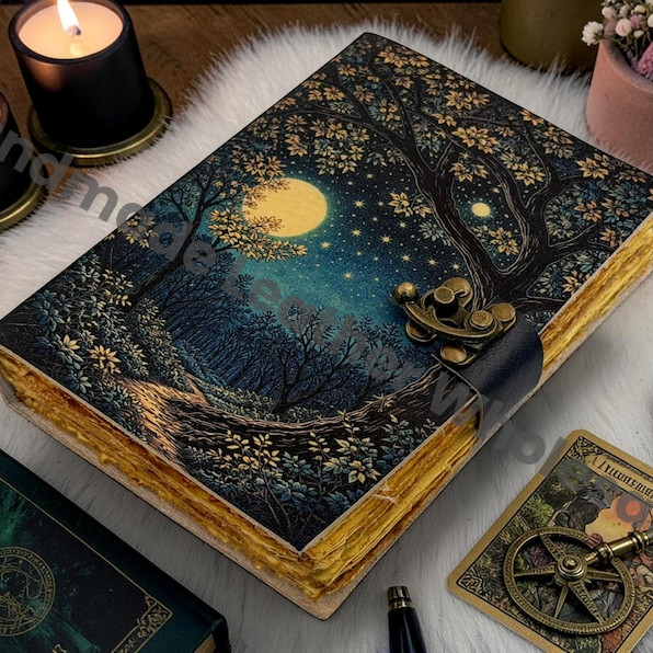 HLW Night Sky Notebook, Moonlit Woodland Diary, Rustic Leather Writing Book, Artisan Journal