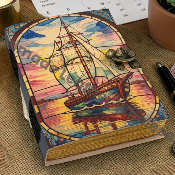 HLW Sailing Ship Leather Journal, Pirate Notebook, Vintage Captain Log Book, Deckle Edge Paper Diary