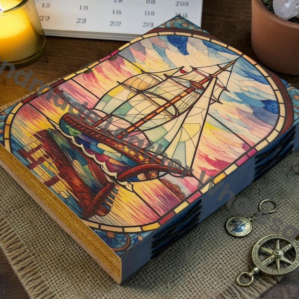 HLW Sailing Ship Leather Journal, Pirate Notebook, Vintage Captain Log Book, Deckle Edge Paper Diary