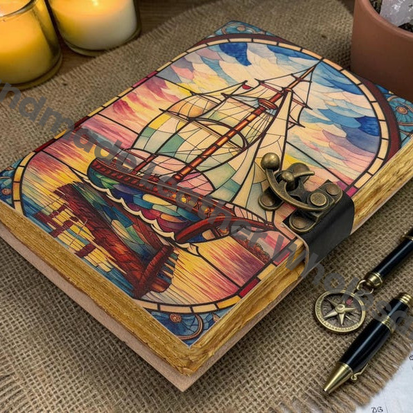 HLW Sailing Ship Leather Journal, Pirate Notebook, Vintage Captain Log Book, Deckle Edge Paper Diary