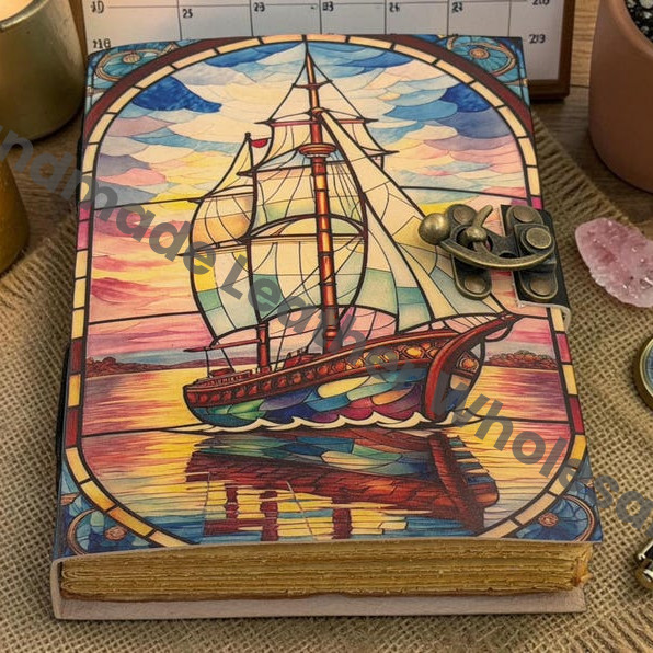 HLW Sailing Ship Leather Journal, Pirate Notebook, Vintage Captain Log Book, Deckle Edge Paper Diary