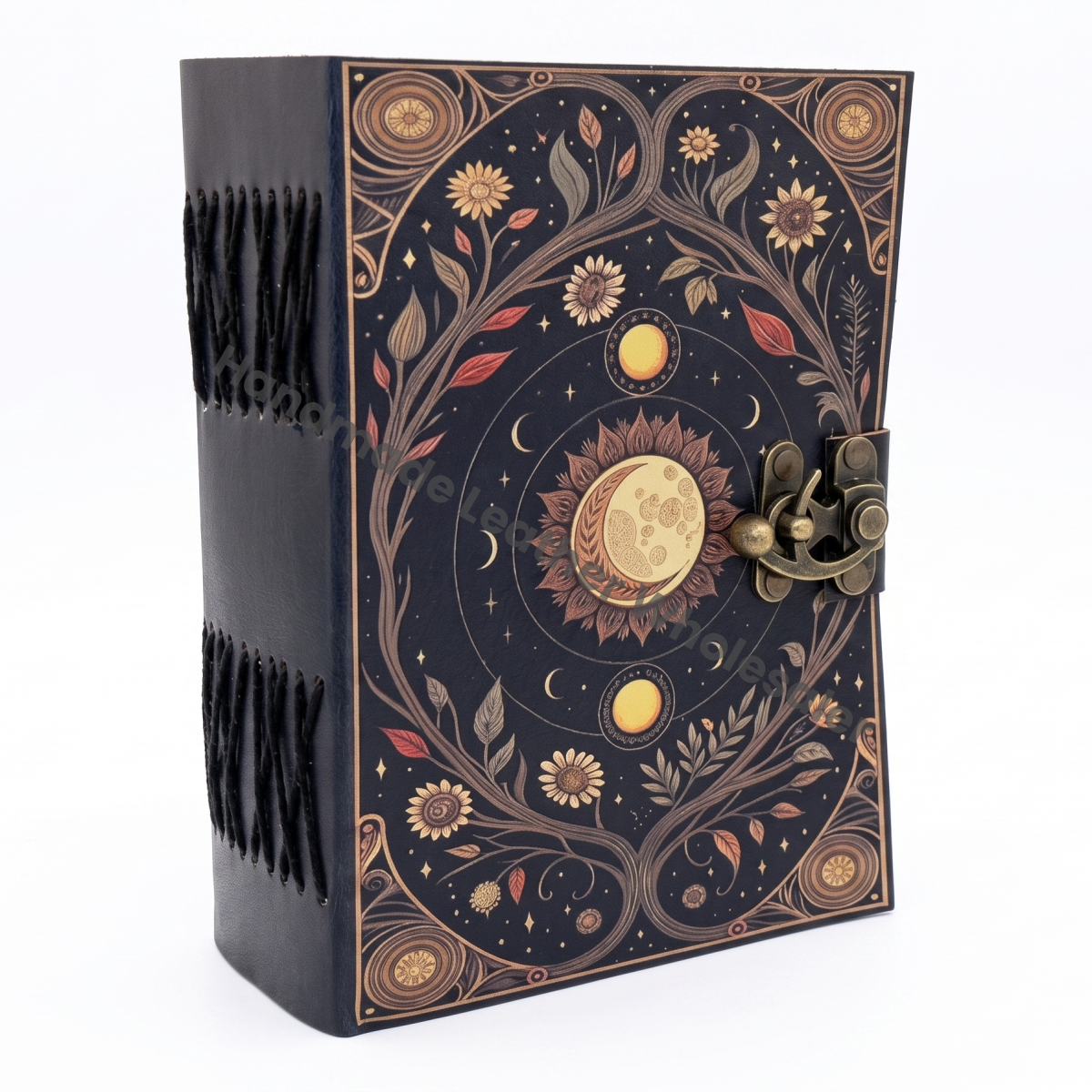HLW Sun Moon Grimoire Journal, Leather Book of Shadows, Celestial Witchcraft Notebook, Personalized Vintage Diary, Pagan Gift