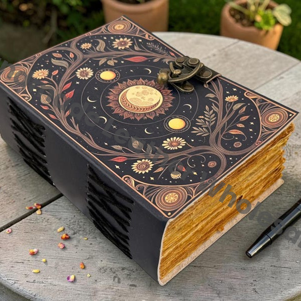 HLW Sun Moon Grimoire Journal, Leather Book of Shadows, Celestial Witchcraft Notebook, Personalized Vintage Diary, Pagan Gift