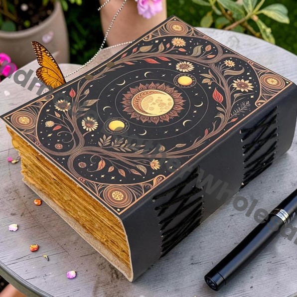 HLW Sun Moon Grimoire Journal, Leather Book of Shadows, Celestial Witchcraft Notebook, Personalized Vintage Diary, Pagan Gift