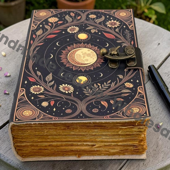HLW Sun Moon Grimoire Journal, Leather Book of Shadows, Celestial Witchcraft Notebook, Personalized Vintage Diary, Pagan Gift