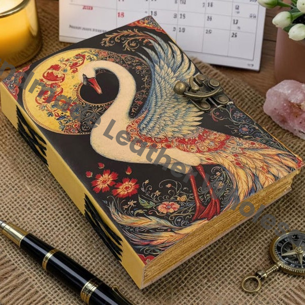 HLW Swan Leather Journal, Deckle Edge Paper Notebook, Grimoire Book of Shadows, Antique Lock Diary