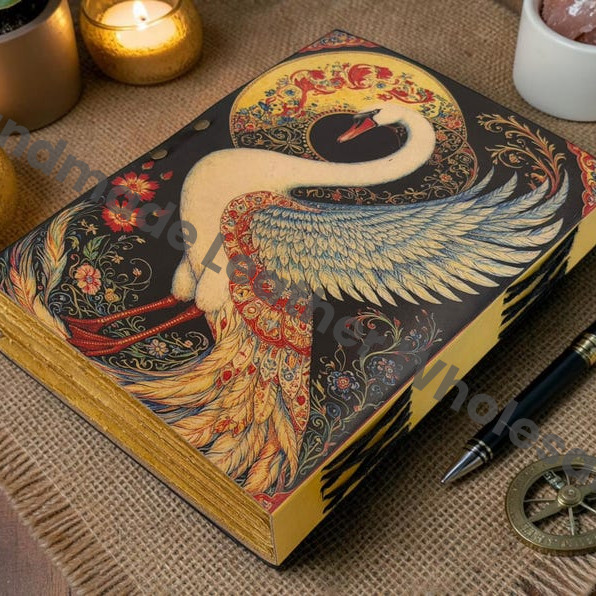 HLW Swan Leather Journal, Deckle Edge Paper Notebook, Grimoire Book of Shadows, Antique Lock Diary