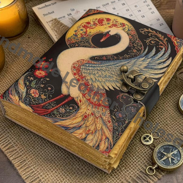 HLW Swan Leather Journal, Deckle Edge Paper Notebook, Grimoire Book of Shadows, Antique Lock Diary