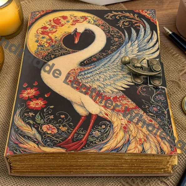 HLW Swan Leather Journal, Deckle Edge Paper Notebook, Grimoire Book of Shadows, Antique Lock Diary