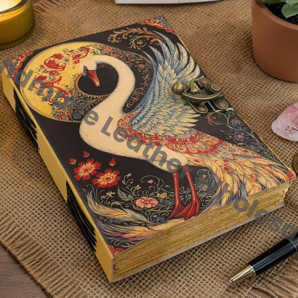 HLW Swan Leather Journal, Deckle Edge Paper Notebook, Grimoire Book of Shadows, Antique Lock Diary