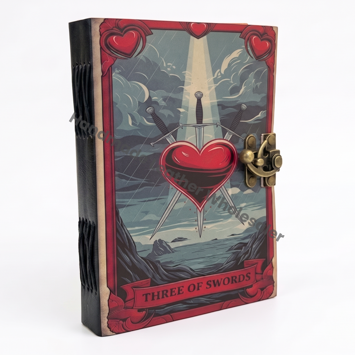 HLW Three of Swords Tarot Leather Journal – Gothic Wiccan Spell Book, Deckle Edge Paper Diary