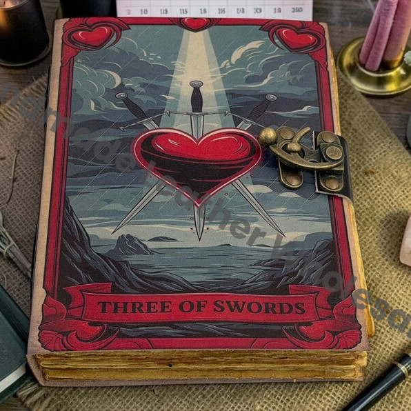 HLW Three of Swords Tarot Leather Journal – Gothic Wiccan Spell Book, Deckle Edge Paper Diary