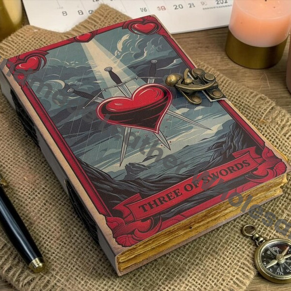 HLW Three of Swords Tarot Leather Journal – Gothic Wiccan Spell Book, Deckle Edge Paper Diary