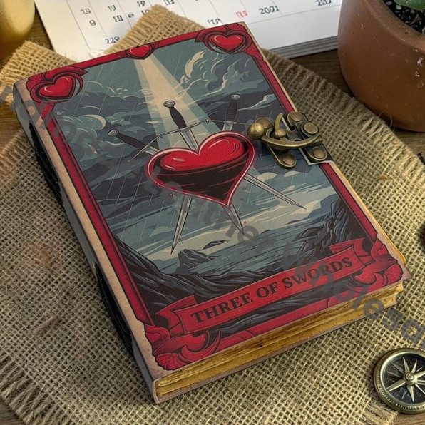 HLW Three of Swords Tarot Leather Journal – Gothic Wiccan Spell Book, Deckle Edge Paper Diary