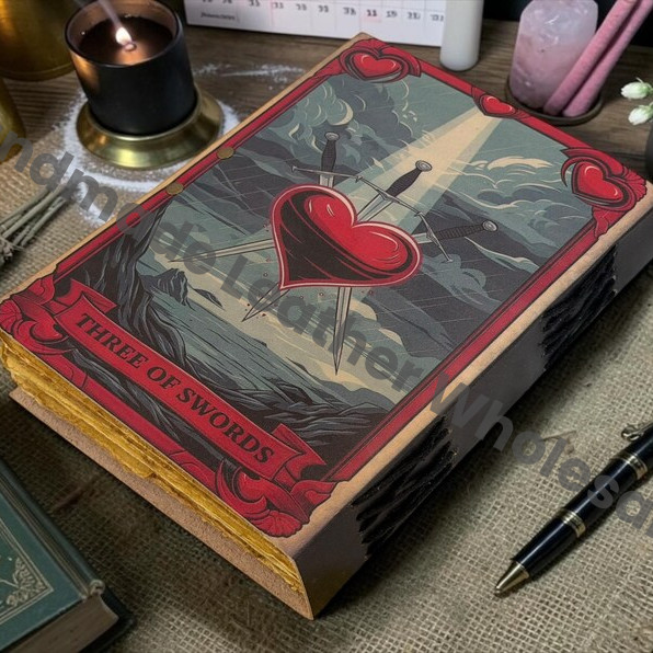 HLW Three of Swords Tarot Leather Journal – Gothic Wiccan Spell Book, Deckle Edge Paper Diary