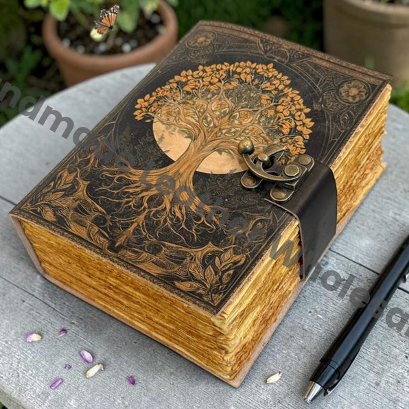 HLW Tree of Life Leather Grimoire, Vintage Spell Book, Witchcraft Journal, Handmade Deckle Edge Notebook