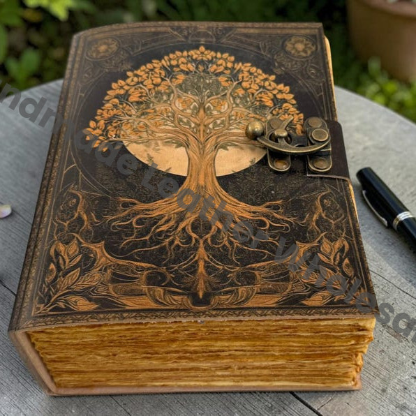 HLW Tree of Life Leather Grimoire, Vintage Spell Book, Witchcraft Journal, Handmade Deckle Edge Notebook