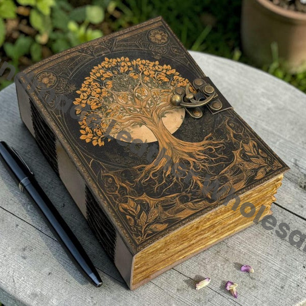 HLW Tree of Life Leather Grimoire, Vintage Spell Book, Witchcraft Journal, Handmade Deckle Edge Notebook