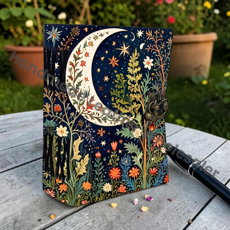 HLW Vintage Leather Journal, Handmade Botanical Notebook with Deckle Pages, Witchcraft Grimoire Diary, Unique Gift for Her Him