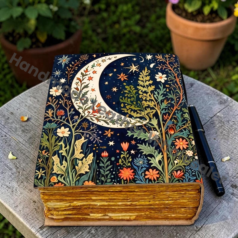 HLW Vintage Leather Journal, Handmade Botanical Notebook with Deckle Pages, Witchcraft Grimoire Diary, Unique Gift for Her Him