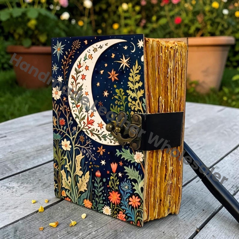 HLW Vintage Leather Journal, Handmade Botanical Notebook with Deckle Pages, Witchcraft Grimoire Diary, Unique Gift for Her Him