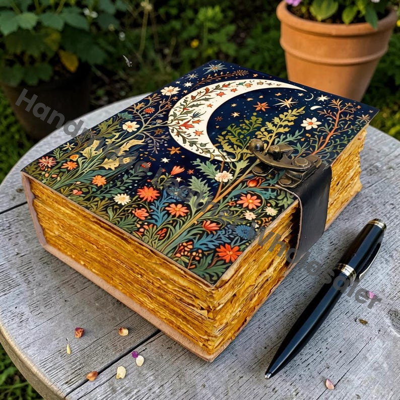 HLW Vintage Leather Journal, Handmade Botanical Notebook with Deckle Pages, Witchcraft Grimoire Diary, Unique Gift for Her Him