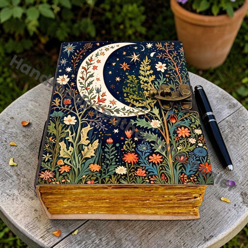 HLW Vintage Leather Journal, Handmade Botanical Notebook with Deckle Pages, Witchcraft Grimoire Diary, Unique Gift for Her Him