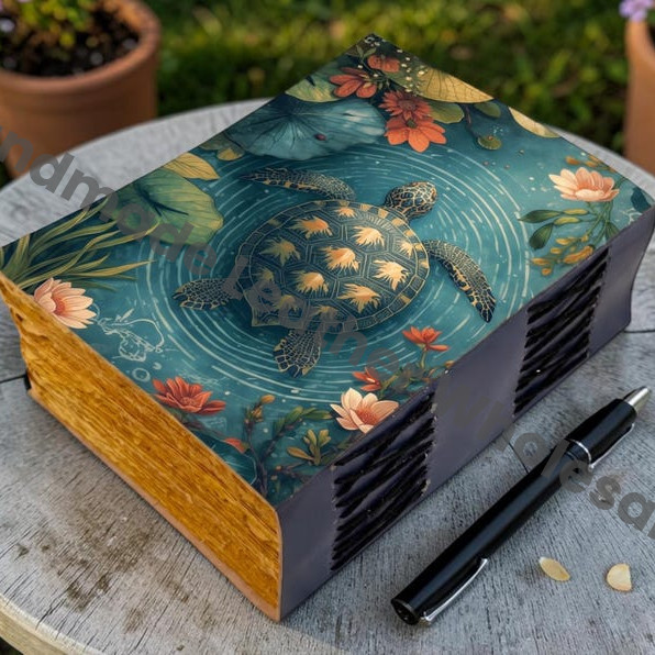 HLW Vintage Turtle Leather Journal, Ocean Inspired Floral Notebook, Handmade Diary, Nature Journal Gift for Him Her,