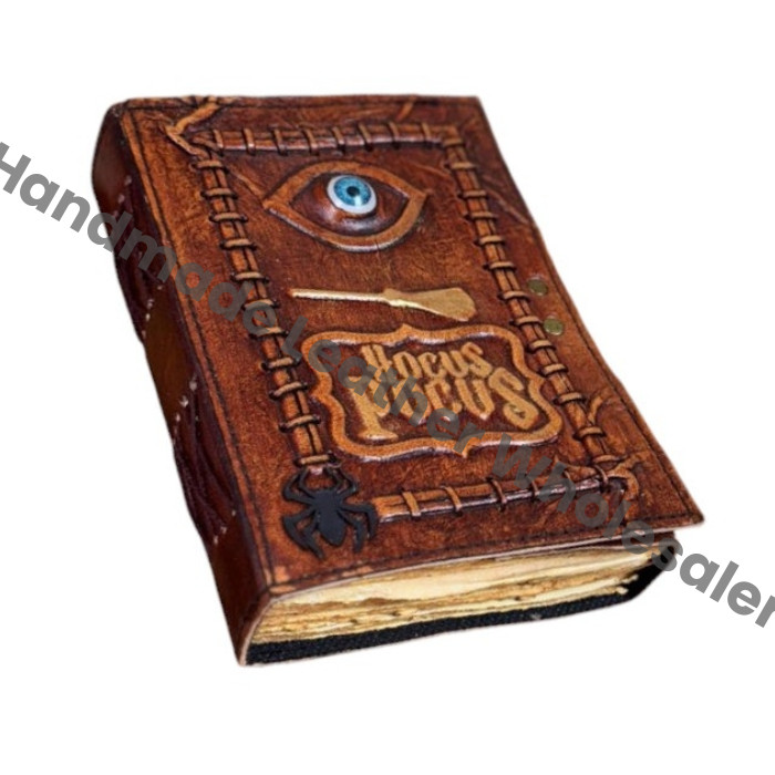 Hocus Pocus Leather Spell Book - 3D Eye Grimoire Journal - Vintage deckle edge Paper