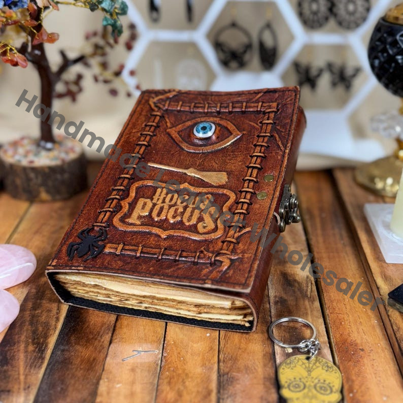 Hocus Pocus Leather Spell Book - 3D Eye Grimoire Journal - Vintage deckle edge Paper