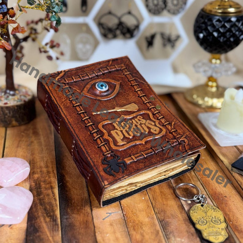 Hocus Pocus Leather Spell Book - 3D Eye Grimoire Journal - Vintage deckle edge Paper