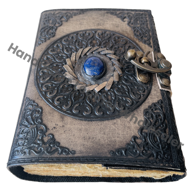 Handmade Leather Journal Notebook Traditional Design Stone Metal Closure Meditation Self Care Gift Option Custom Logo