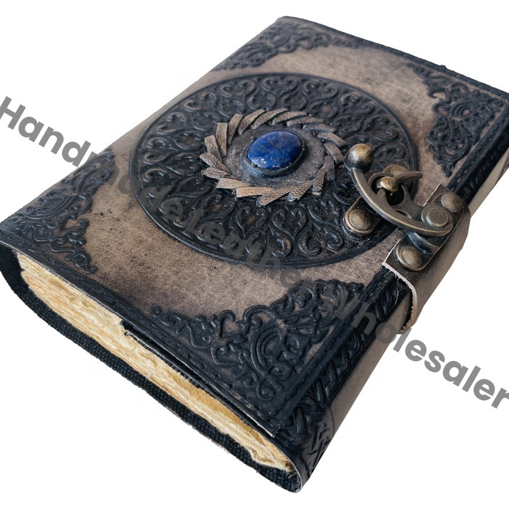 Handmade Leather Journal Notebook Traditional Design Stone Metal Closure Meditation Self Care Gift Option Custom Logo