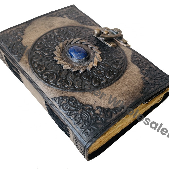 Handmade Leather Journal Notebook Traditional Design Stone Metal Closure Meditation Self Care Gift Option Custom Logo